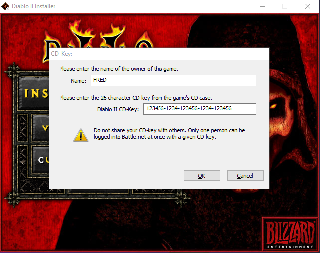 Diablo 2 installer with CD key field