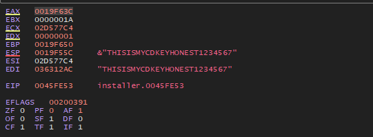 Debugger showing CD key being passed to function