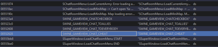 Ghidra screenshot showing chat strings
