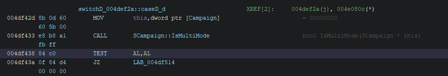 Assembly code showing the conditional jump