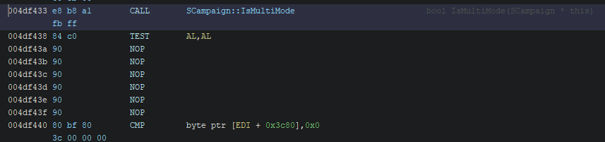 Modified assembly with NOP instruction